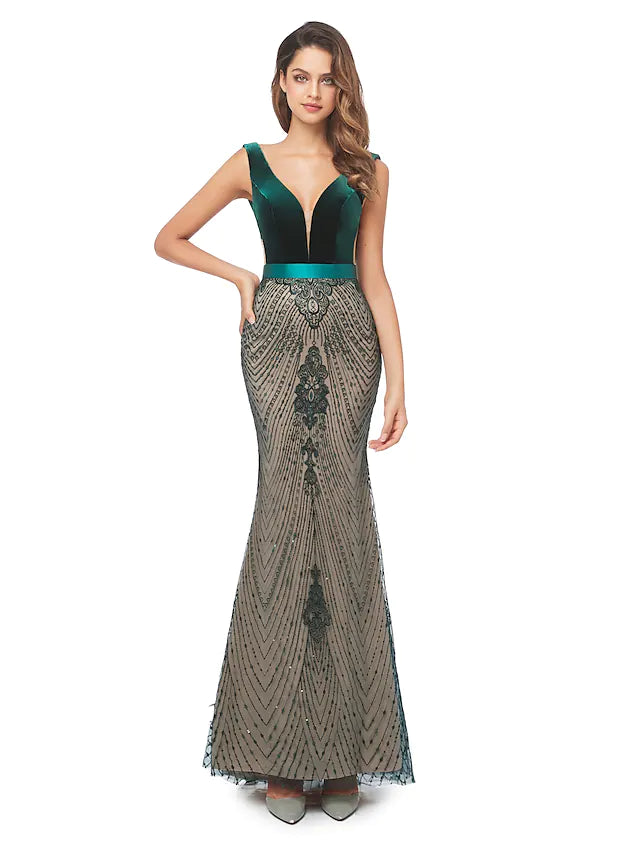 Vestido de noche con escote en V, espalda descubierta, sin mangas, cola larga de terciopelo con cuentas